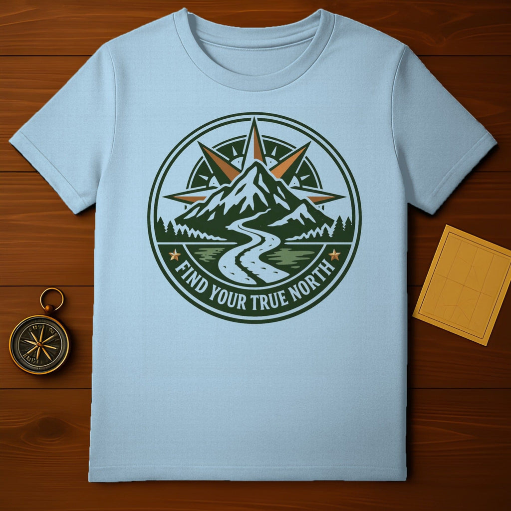 Find Your True North Mountain Compass Adventure product type
T-shirt, Graphic tee, Outdoor, Adventure, Mountain, Compass, True North, Nature, Exploration, Hiking, Camping, Wilderness, Light Blue Shirt, Emblem Design, Round Graphic, Scenic View, Journey, Freedom, Unique Style, Travel Inspired