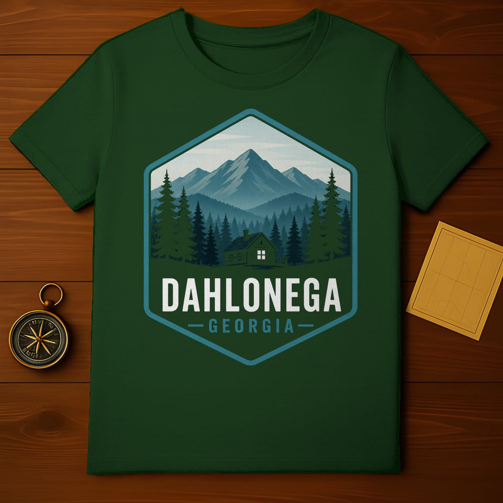 Green t-shirt with Dahlonega, Georgia mountains and cabin design.