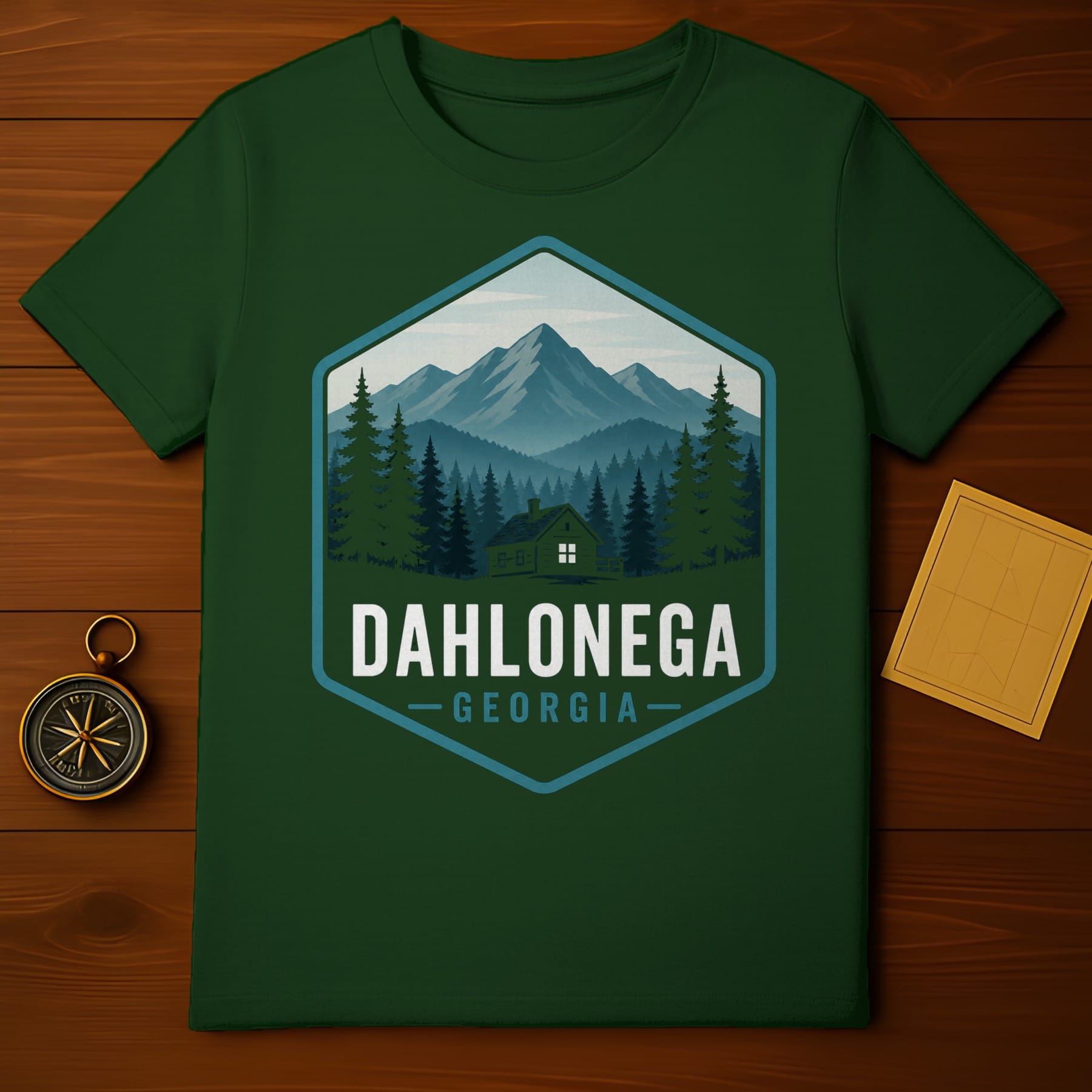 Green t-shirt with Dahlonega, Georgia mountains and cabin design.