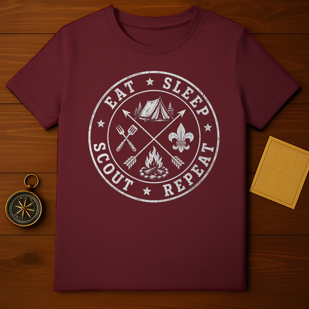 Maroon t-shirt with white distressed graphic: Eat Sleep Scout Repeat emblem.