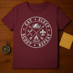 Maroon t-shirt with white distressed graphic: Eat Sleep Scout Repeat emblem.