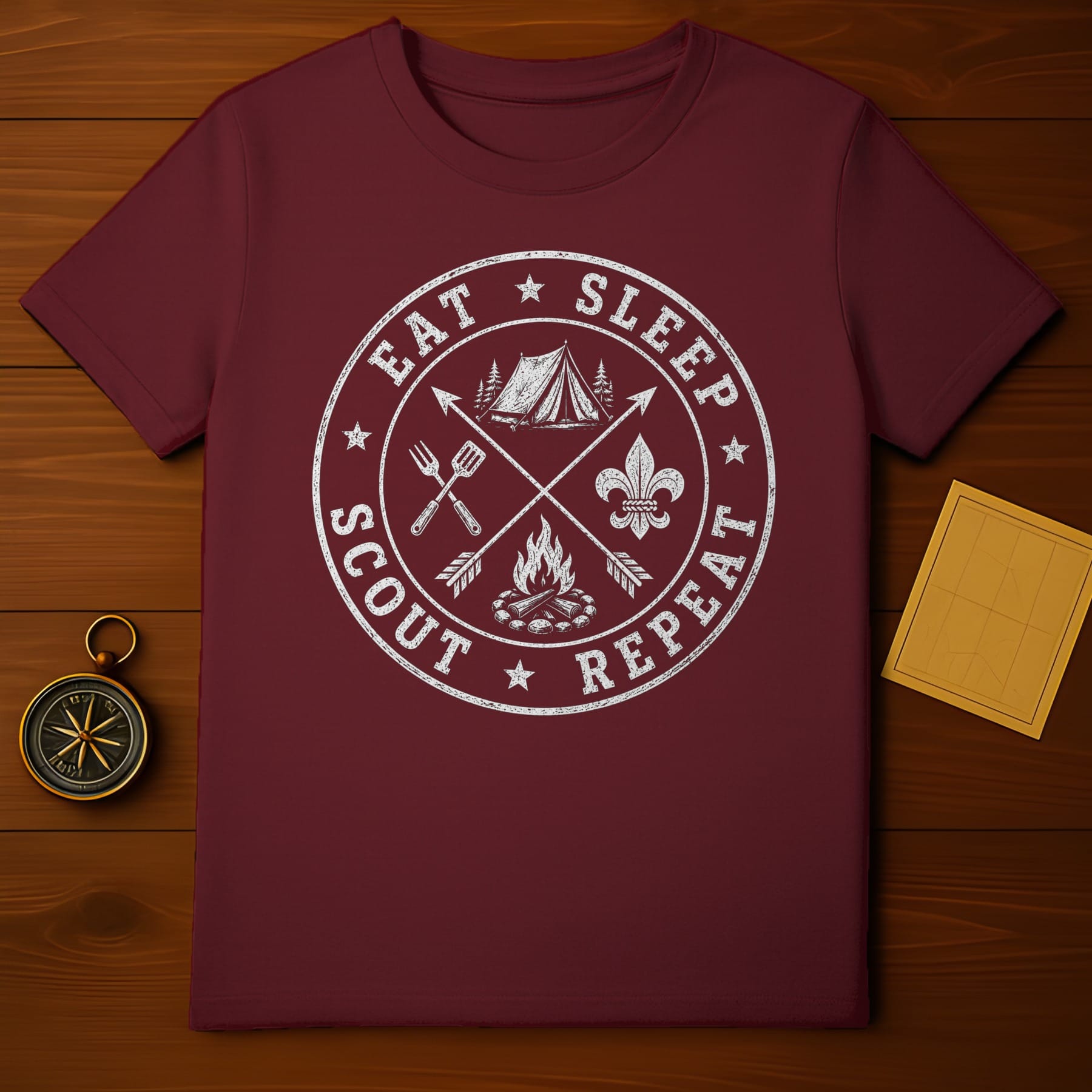 Maroon t-shirt with white distressed graphic: Eat Sleep Scout Repeat emblem.
