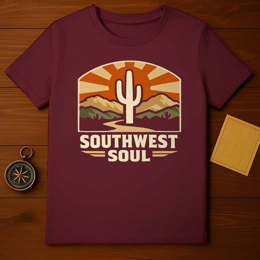 Southwest Soul Cactus Desert Sun Rays Graphic product type
Southwest Soul, Cactus Design, Desert Landscape, Mountain Graphic, Sun Rays Art, Retro Style, Vintage Aesthetic, Maroon Tee, Burgundy Shirt, Nature Theme, Adventure Wear, Western Inspired, Outdoor Life, Unique Print, Graphic T-shirt, Apparel Design, Saguaro Cactus, Indie Fashion, Travel Gift, Casual Top