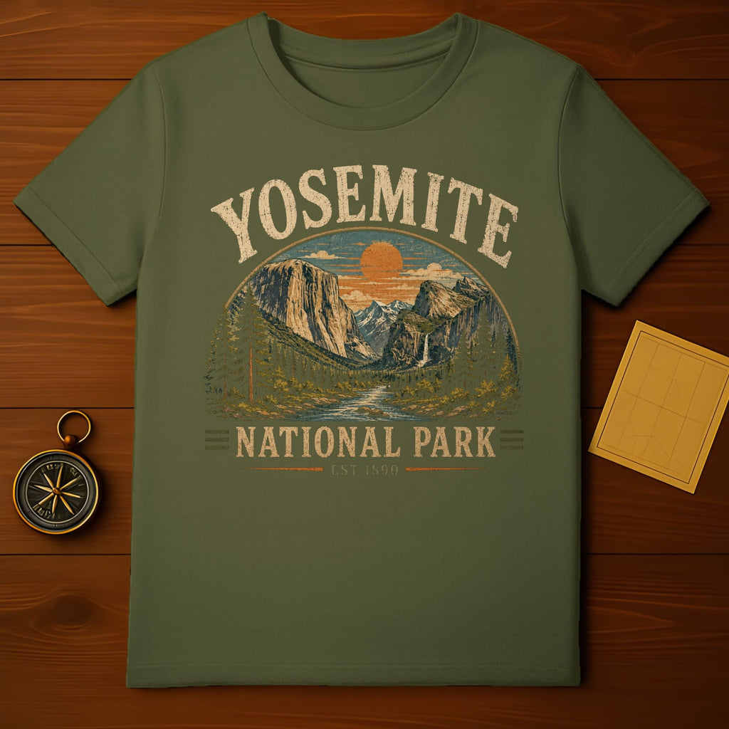 Olive green t-shirt featuring Yosemite National Park vintage graphic with sun, mountains, trees, and water.