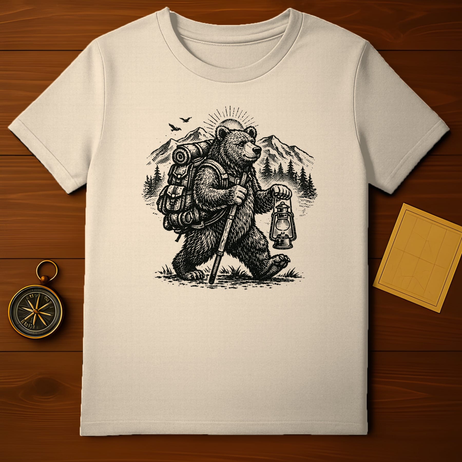 Bear with Lantern Hiking Adventure Graphic T-shirt