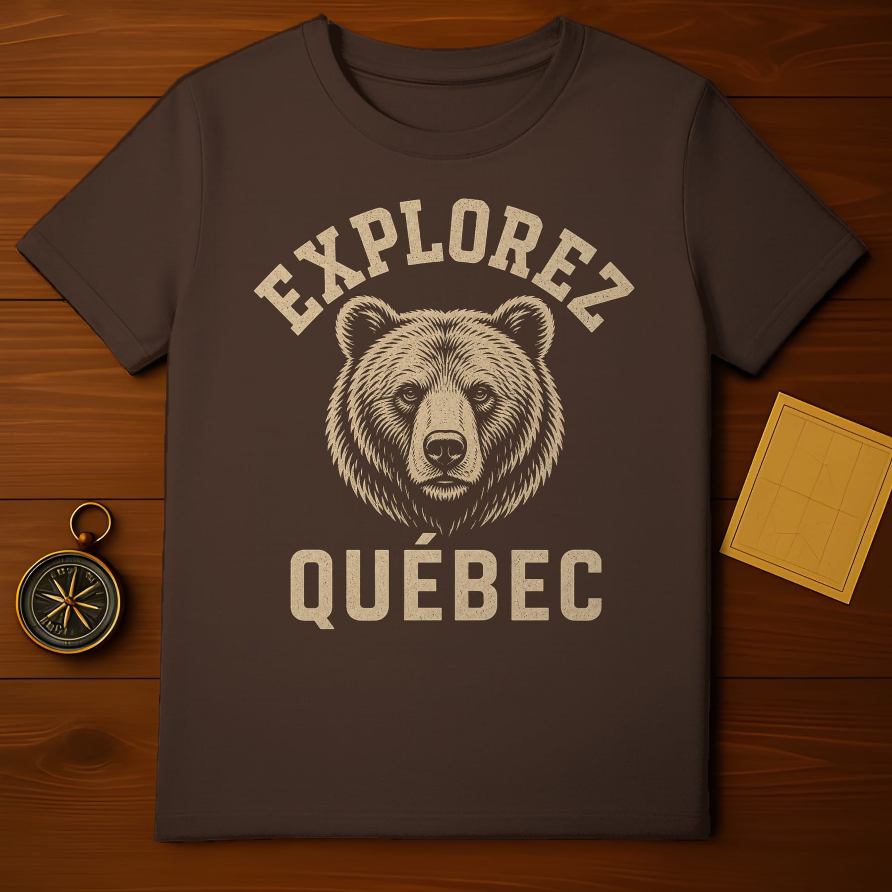 Brown t-shirt with a bear head graphic and "Explorez Quebec" text.