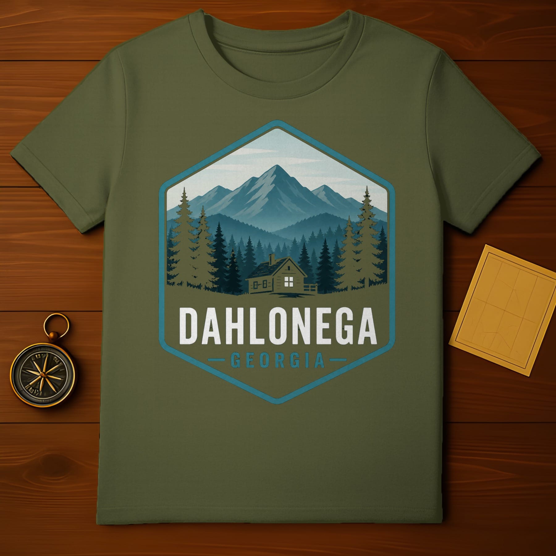 Dahlonega Georgia mountain landscape forest cabin hexagon graphic t-shirt.