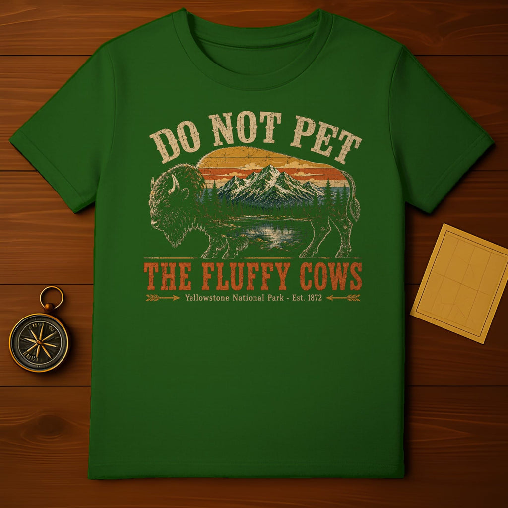 Green t-shirt with a buffalo graphic and "Do Not Pet The Fluffy Cows Yellowstone National Park" text.