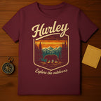 Maroon t-shirt with "Hurley Explore the outdoors" and a bear in a forest sunset scene.