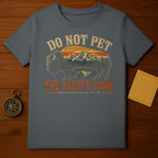 T-shirt with vintage bison, mountains, and text "Do Not Pet The Fluffy Cows".