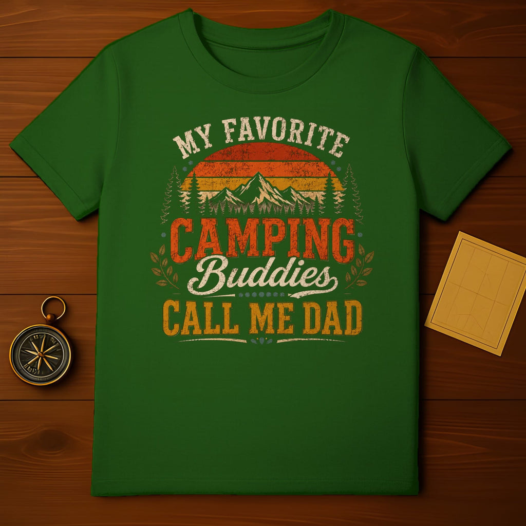 Green t-shirt with vintage design "My Favorite Camping Buddies Call Me Dad".