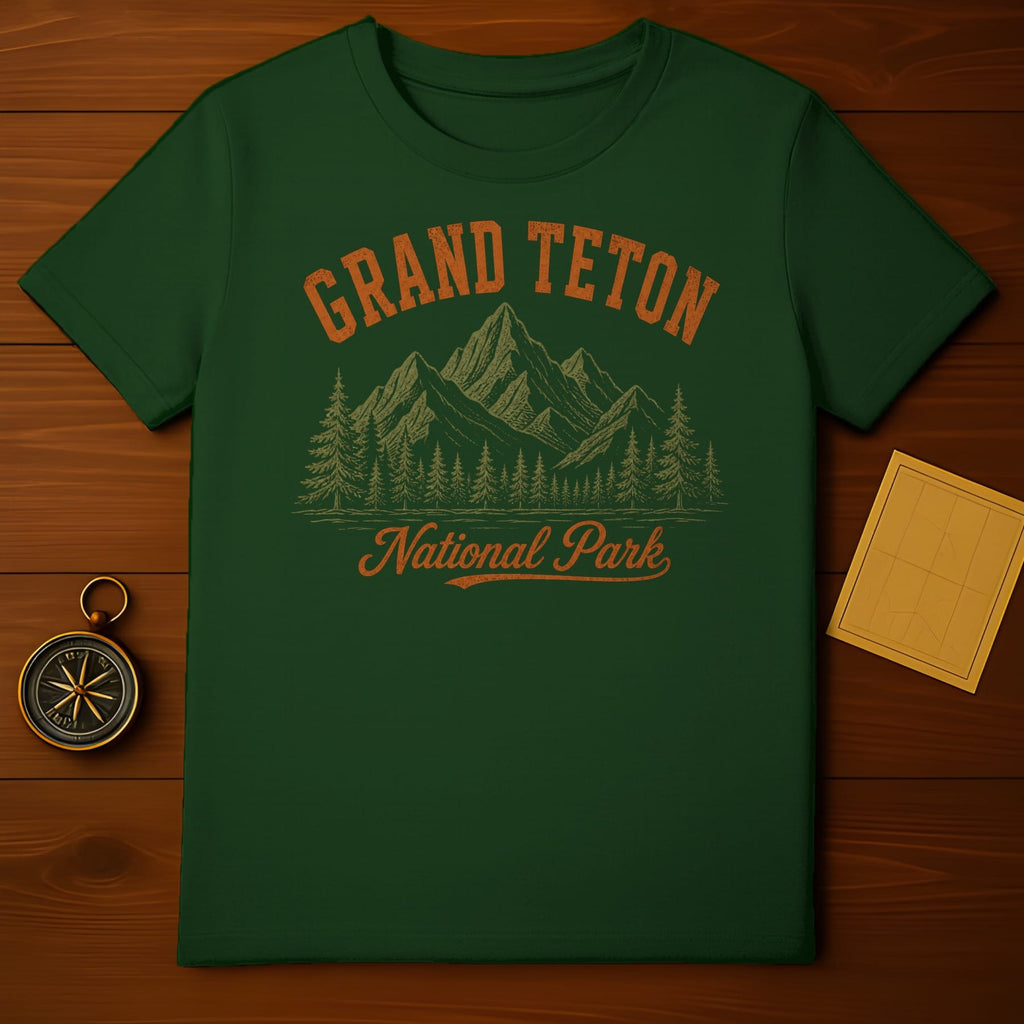 Green t-shirt with Grand Teton National Park graphic.