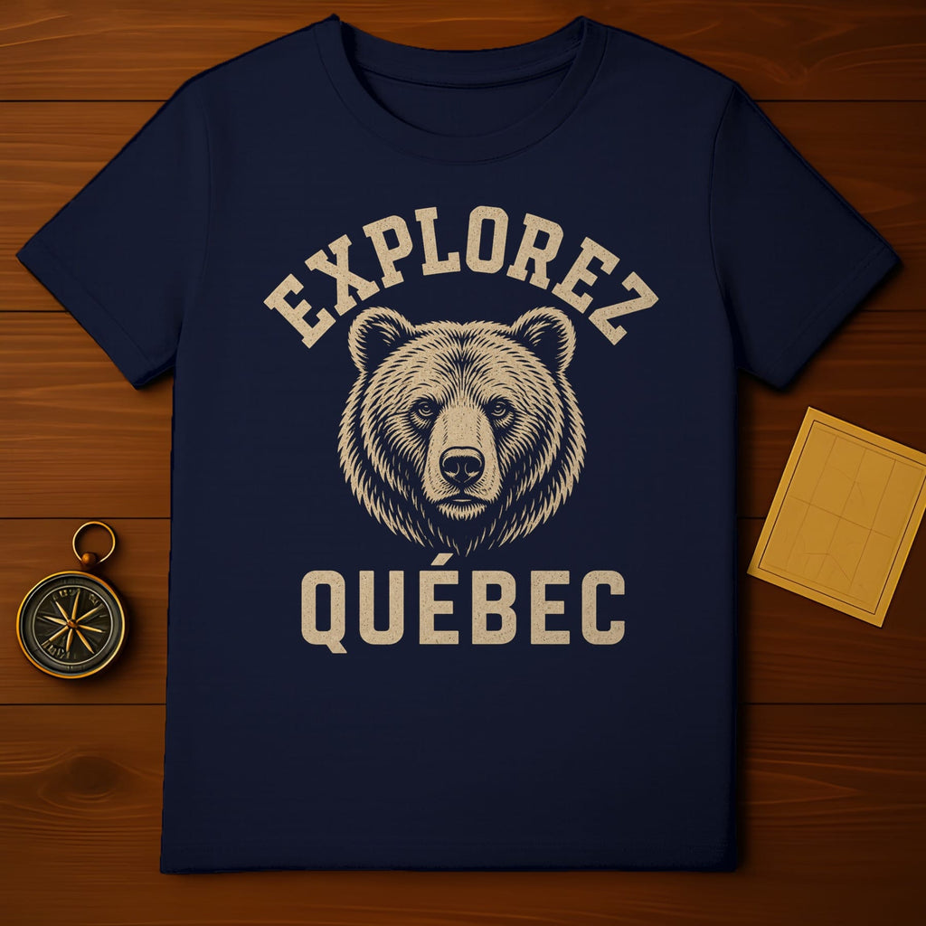Navy t-shirt with a bear illustration and "Explorez Quebec" text.