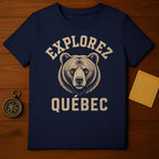 Navy t-shirt with a bear illustration and "Explorez Quebec" text.
