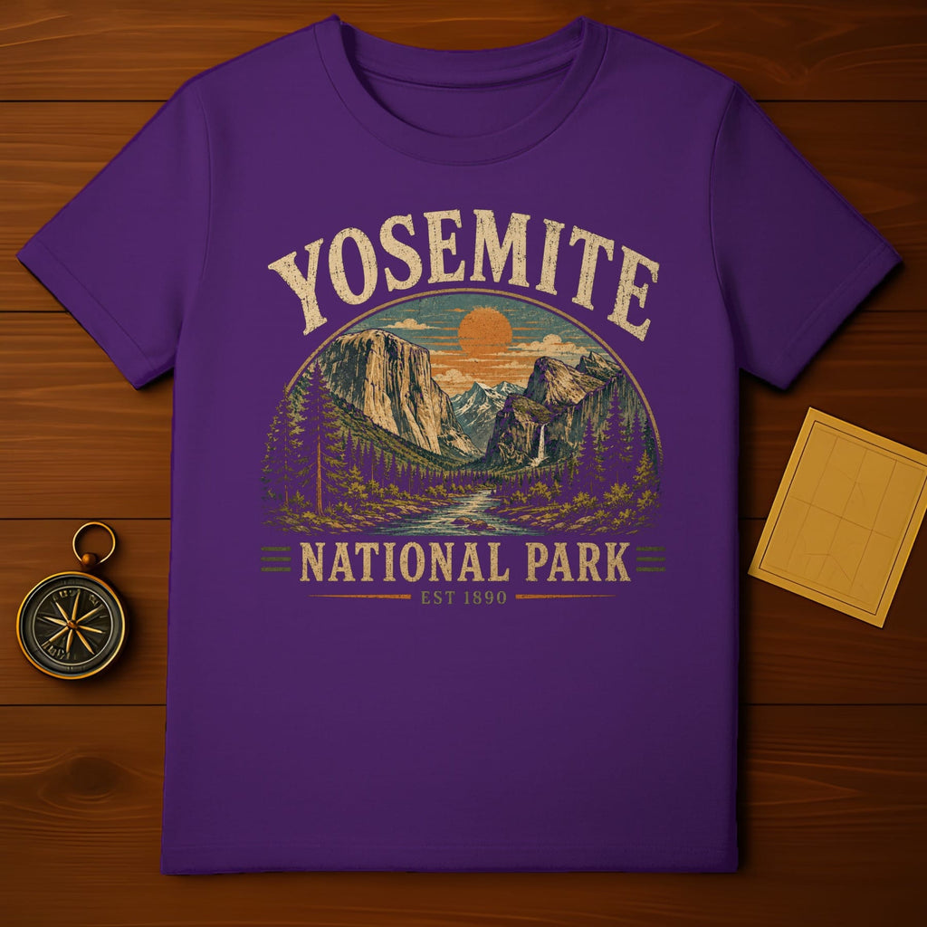 Purple t-shirt with Yosemite National Park graphic and sunset mountain scene.