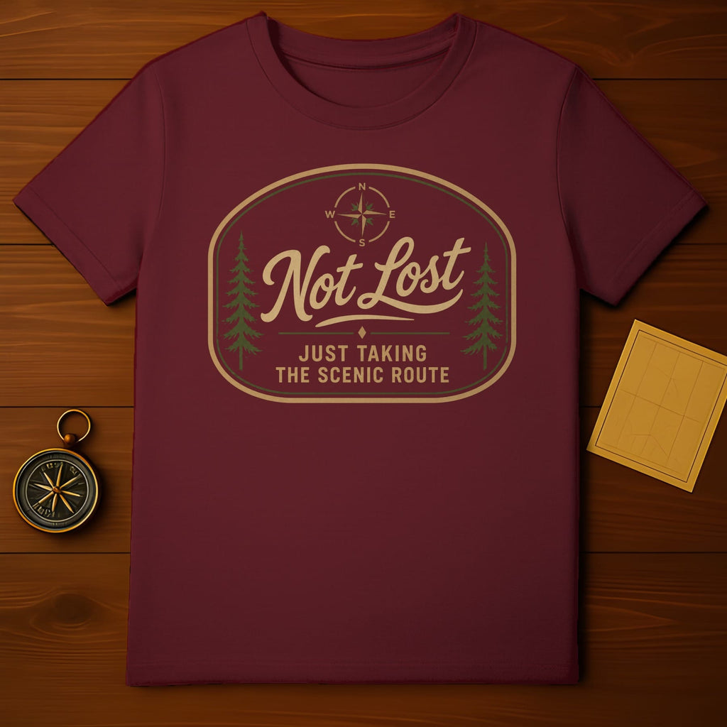 Maroon t-shirt with "Not Lost, Just Taking The Scenic Route" compass graphic.