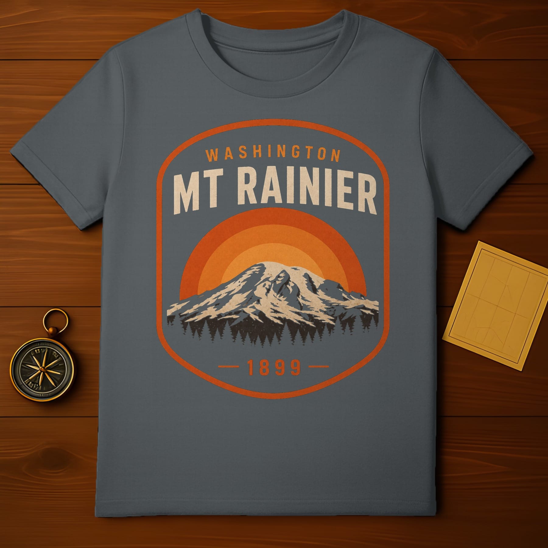 Washington Mt. Rainier graphic tee with sunset and compass.