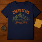 Navy t-shirt with Grand Teton National Park mountain and tree graphic.