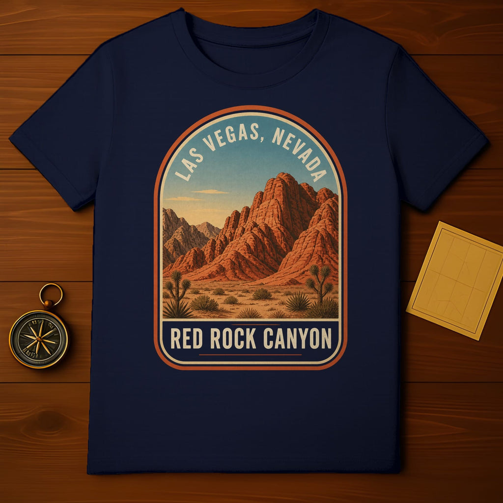 Navy t-shirt featuring Red Rock Canyon, Nevada badge with desert landscape.