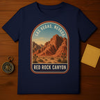 Navy t-shirt featuring Red Rock Canyon, Nevada badge with desert landscape.