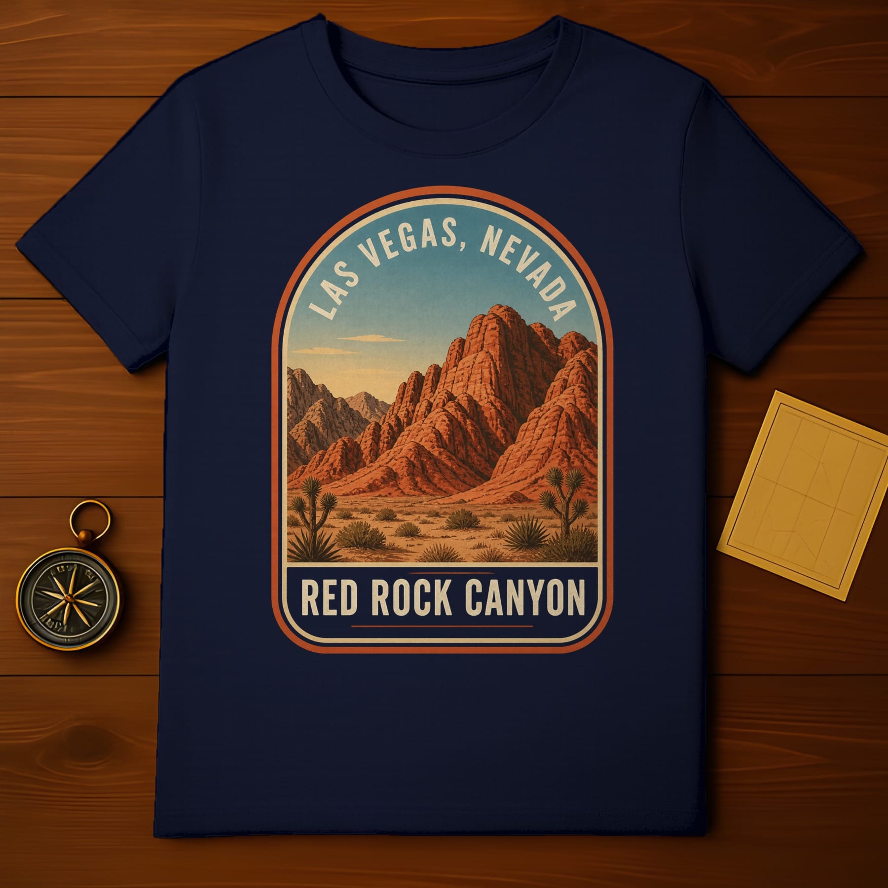 Navy t-shirt featuring Red Rock Canyon, Nevada badge with desert landscape.
