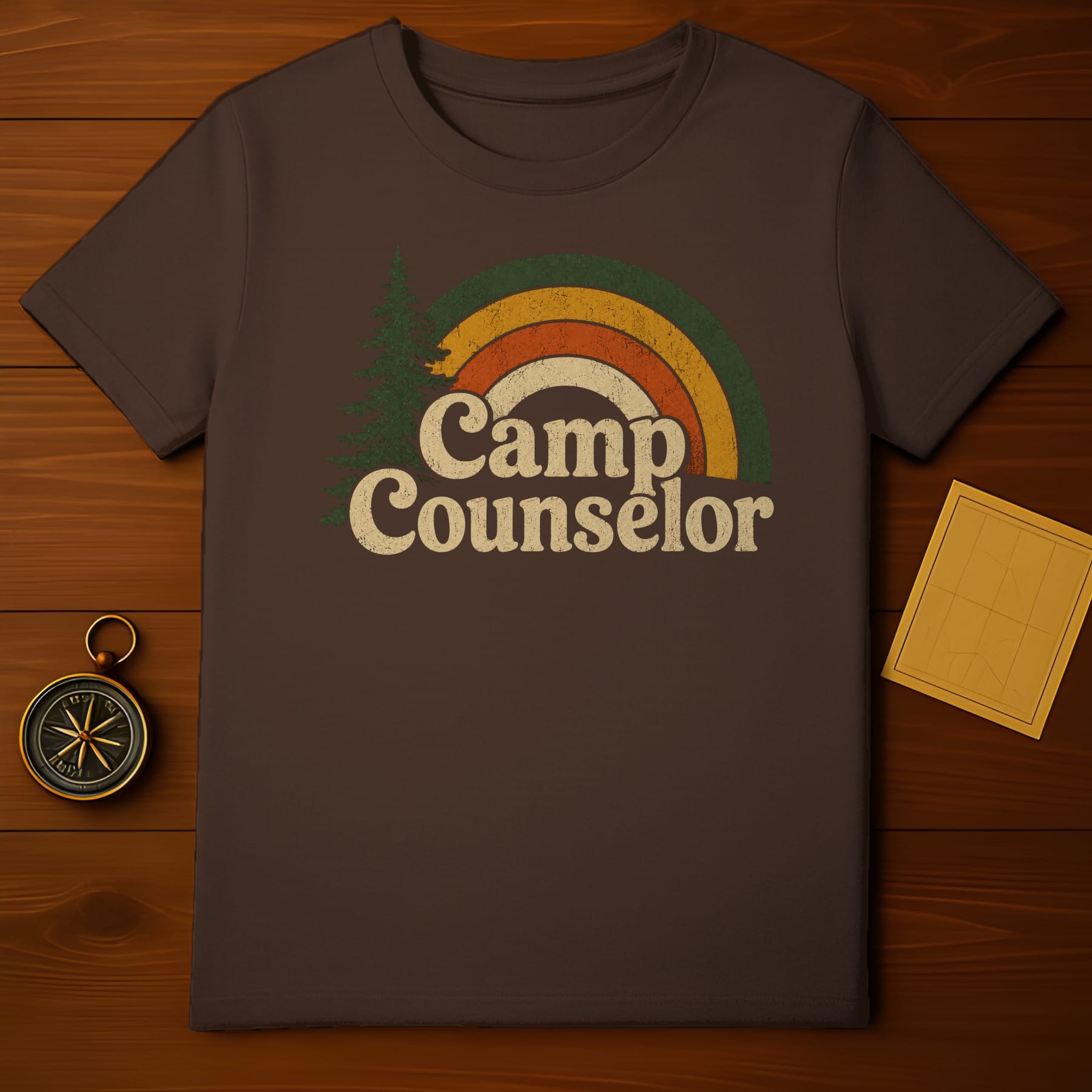 Brown t-shirt with vintage "Camp Counselor" text and rainbow graphic.