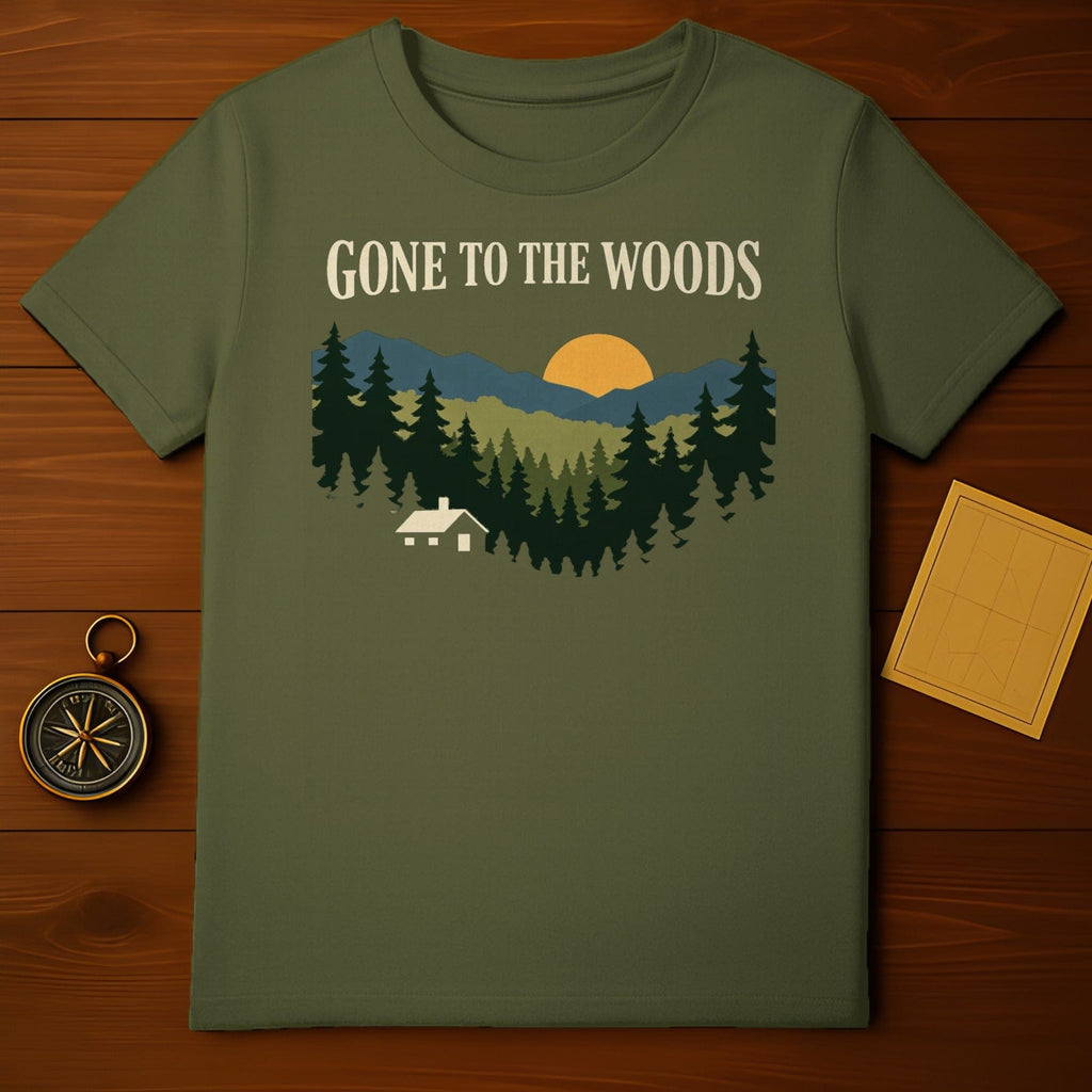 GONE TO THE WOODS Mountain Cabin Forest Sun T-Shirt product type
Forest design
Mountain graphic
Cabin illustration
Sunrise scene
Nature adventure
Outdoor apparel
Woodland theme
Camping style
Hiking top
Evergreen trees
Rustic art
Landscape print
Travel explorer
Green shirt
Adventure spirit
Relaxing vibe
Escape wilderness
Graphic tee
Journey inspired
Gone woods