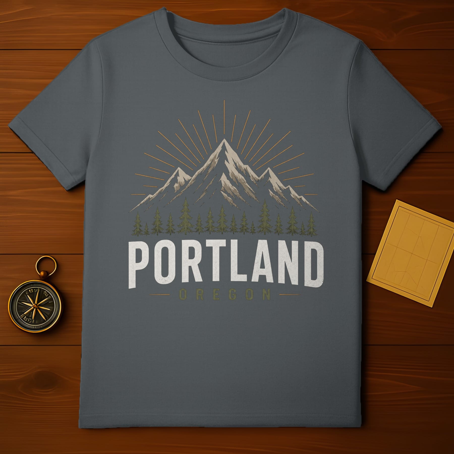 Gray t-shirt with "Portland Oregon" text and mountain graphic.