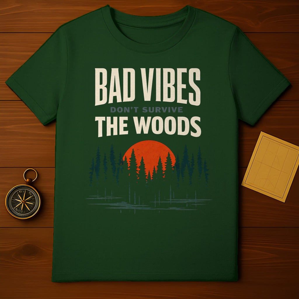 BAD VIBES DON'T SURVIVE THE WOODS Forest Nature Sun product type
T-Shirt, Forest Design, Nature Lover, Outdoor Life, Camping Trip, Hiking Gear, Adventure Apparel, Bad Vibes Dont Survive, Woods Explorer, Sunset Graphic, Pine Tree Art, Lake Reflection, Green Shirt, Quote Tee, Slogan Clothing, Motivational Wear, Wilderness Spirit, Positive Message, Unique Gift, Outdoorsy Style