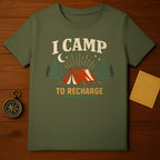 I CAMP TO RECHARGE text tent moon stars pine trees product type