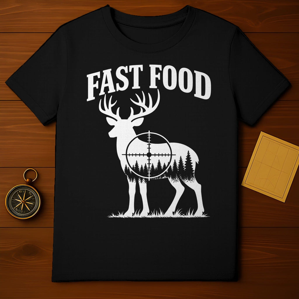 Fast Food Deer Hunting Themed T-Shirt for Outdoor Enthusiasts