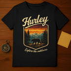 Black Hurley t-shirt with a scenic mountain and bear graphic.