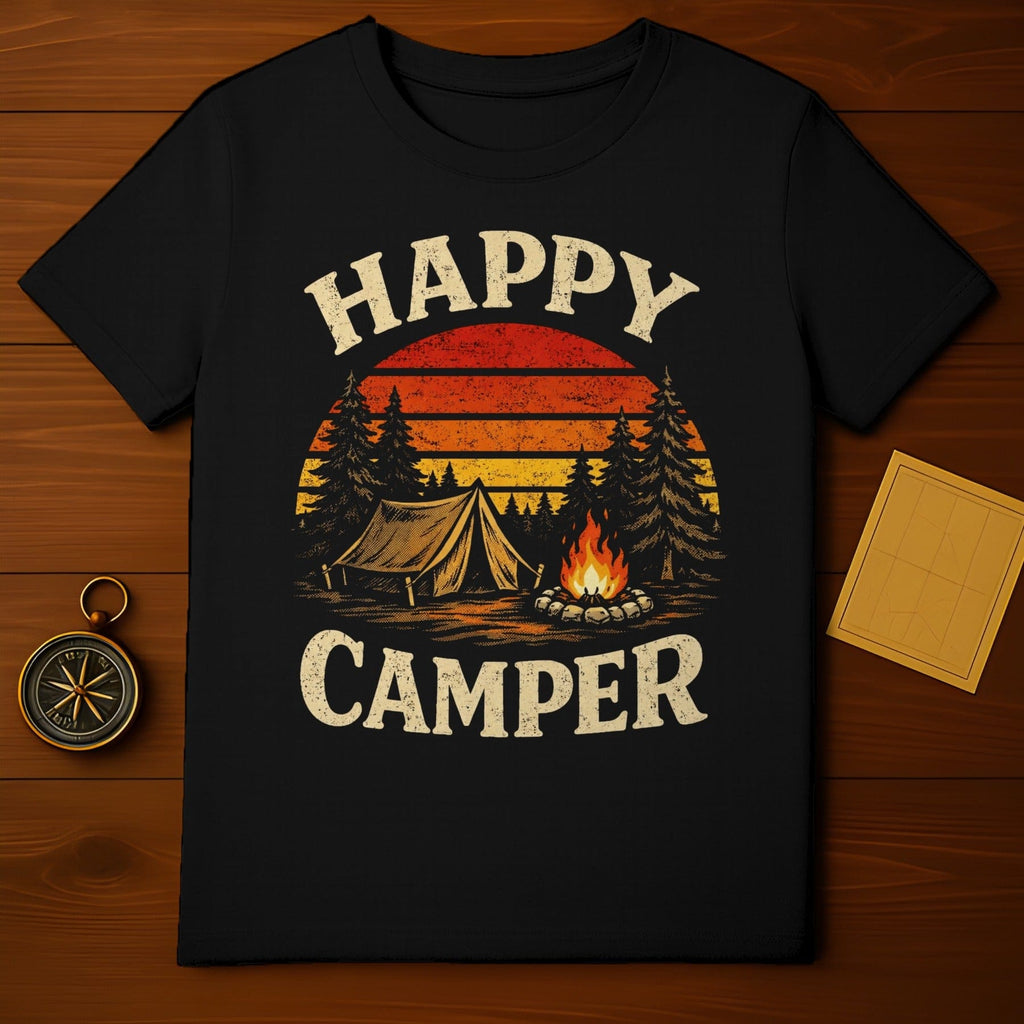 Happy Camper Graphic Tee with Campfire and Tent Design