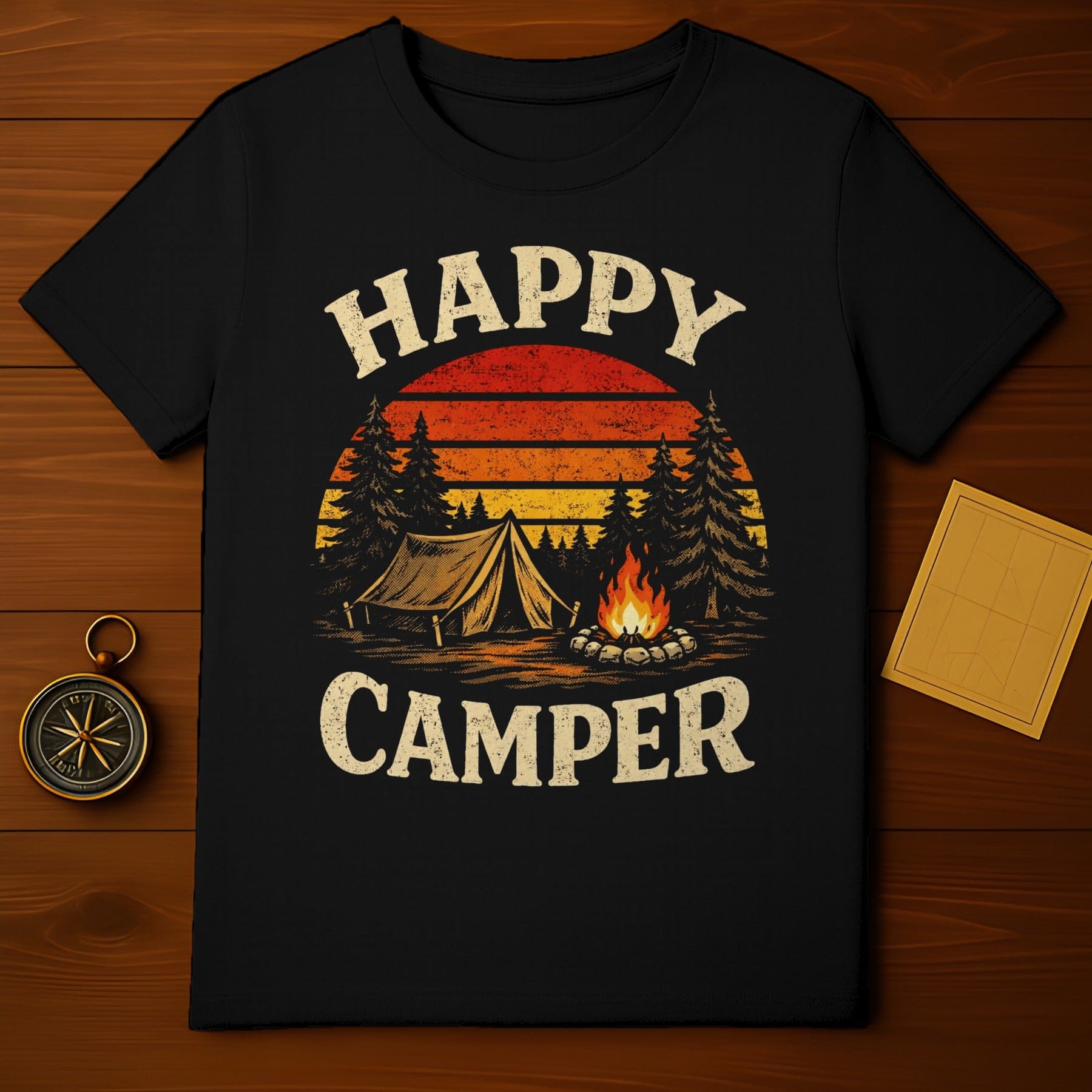 Happy Camper Graphic Tee with Campfire and Tent Design
