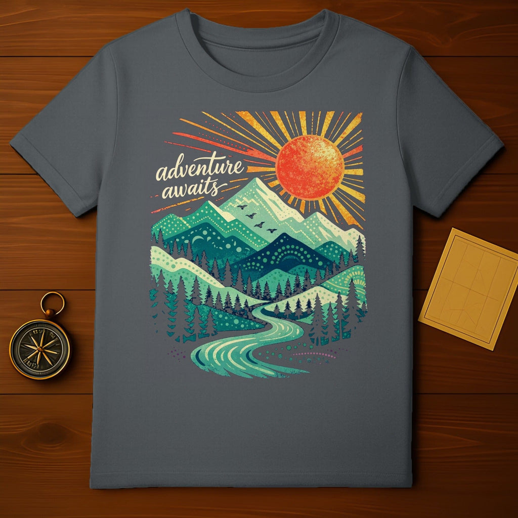 Adventure Awaits Graphic Teeshirt with Sunset and Mountains