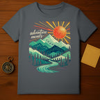 Adventure Awaits Graphic Teeshirt with Sunset and Mountains