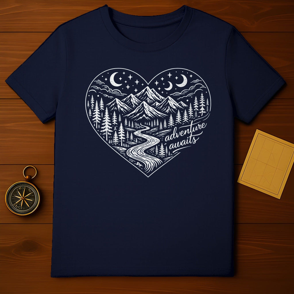 Adventure Awaits Heart-Shaped Mountain Graphic Shirt