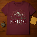 Maroon t-shirt with "Portland Oregon" and mountain graphic.