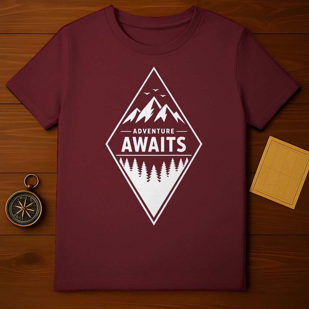 Adventure Awaits Mountains Trees Birds Maroon product type
adventure, awaits, mountains, trees, birds, nature, outdoor, explore, hiking, camping, maroon, burgundy, graphic tee, travel, wilderness, scenic, wanderlust, forest, geometric design, t shirt