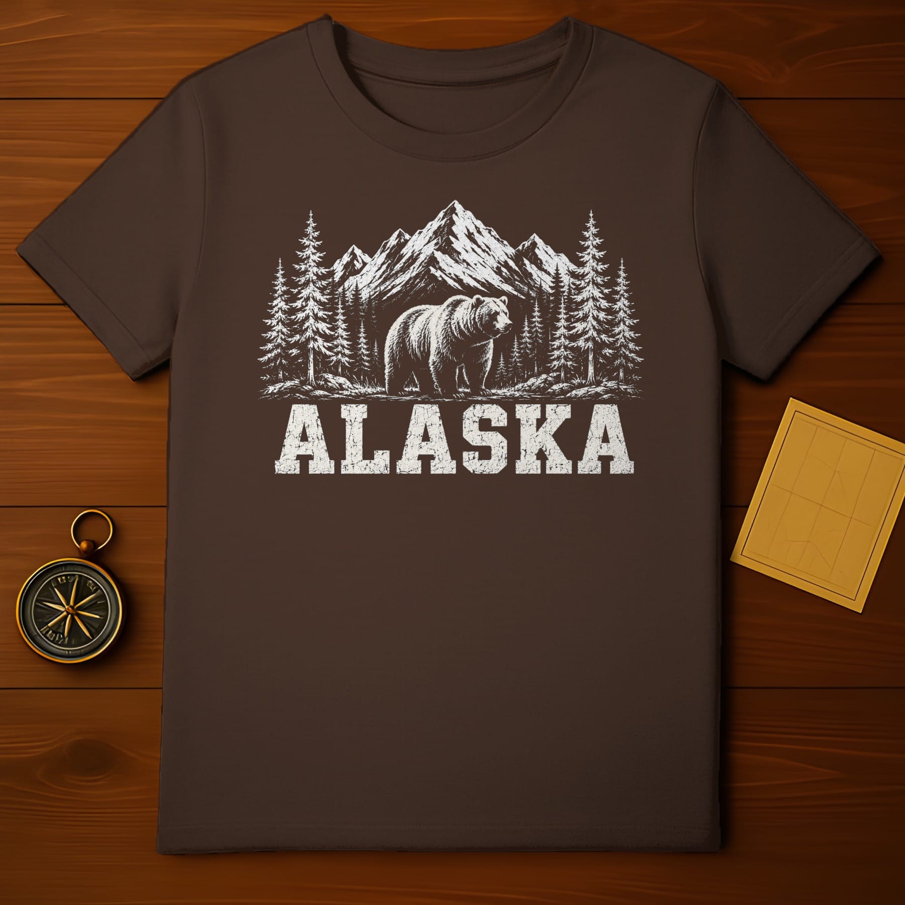 Brown t-shirt with a distressed graphic of a bear, pine trees, and mountains, and the word ALASKA.