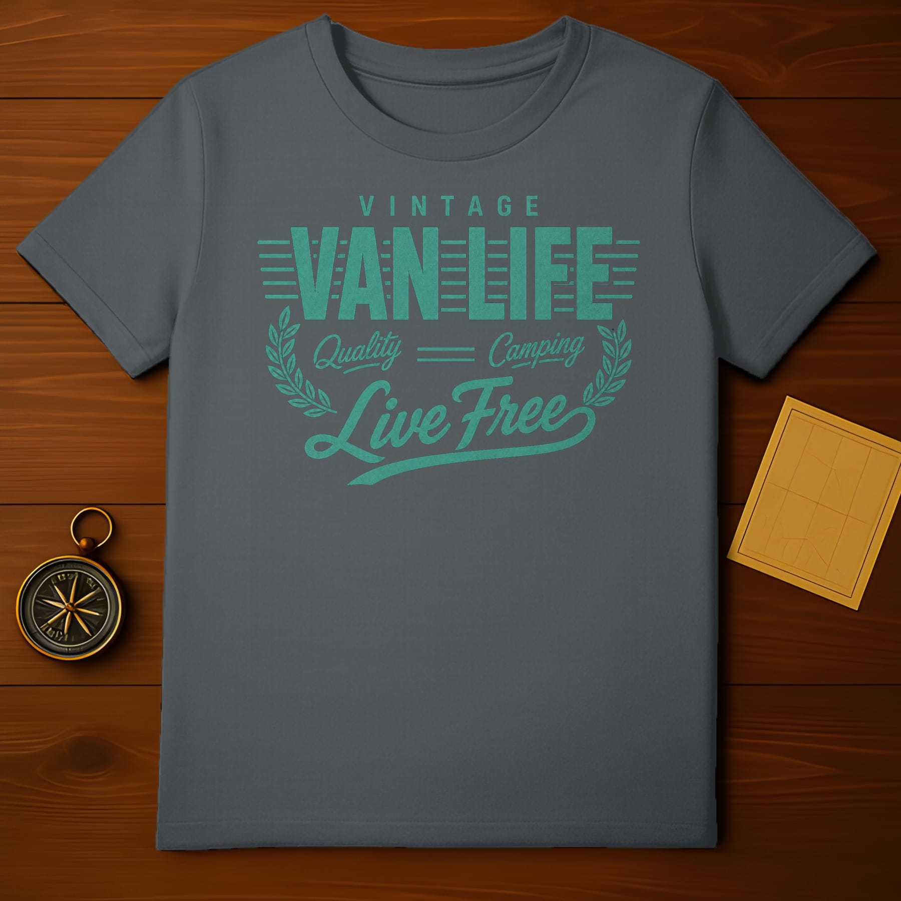 Grey t-shirt with "Vintage Van Life Quality Live Free" text and compass graphic.