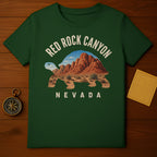 Green t-shirt with Red Rock Canyon Nevada tortoise graphic.