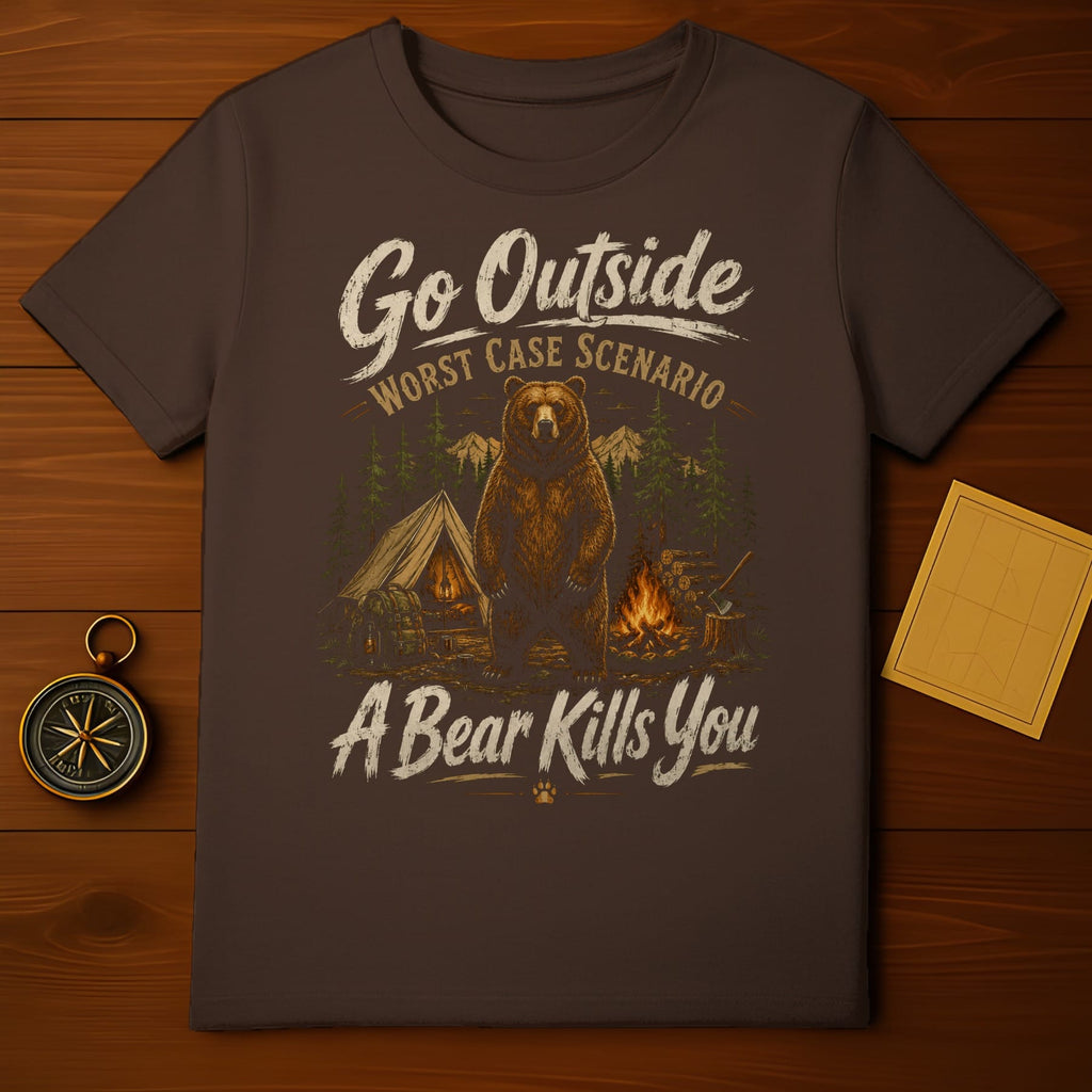 Brown t-shirt with bear, tent, campfire, and text "Go Outside A Bear Kills You".