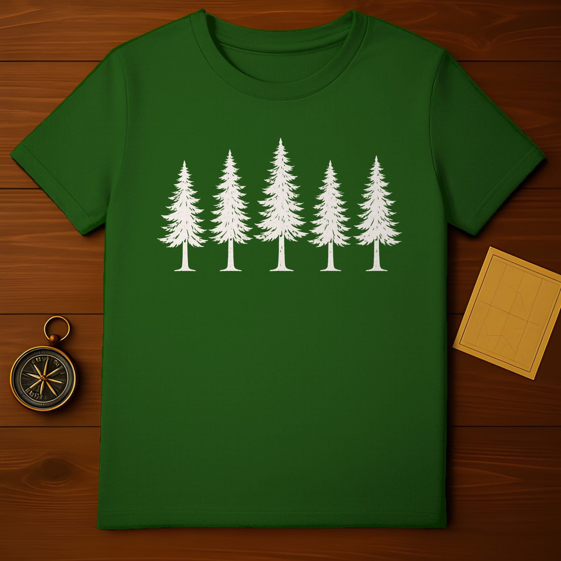 Green T-Shirt with White Pine Trees Design Top
