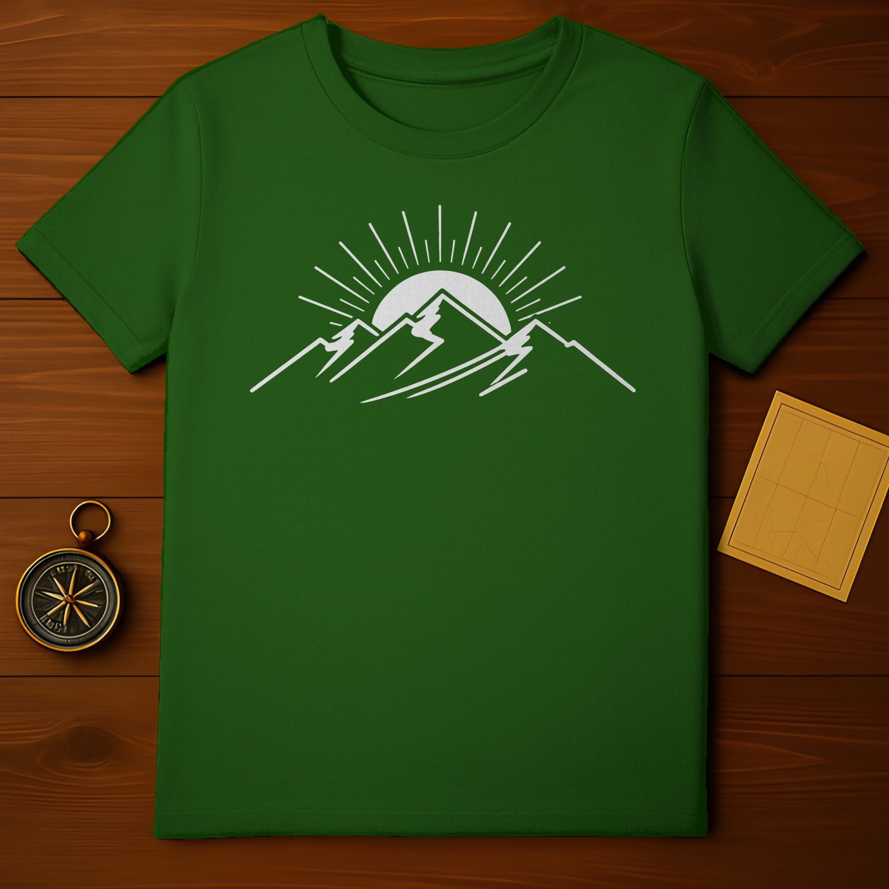 Green T-Shirt with Sunrise and Mountain Design Product