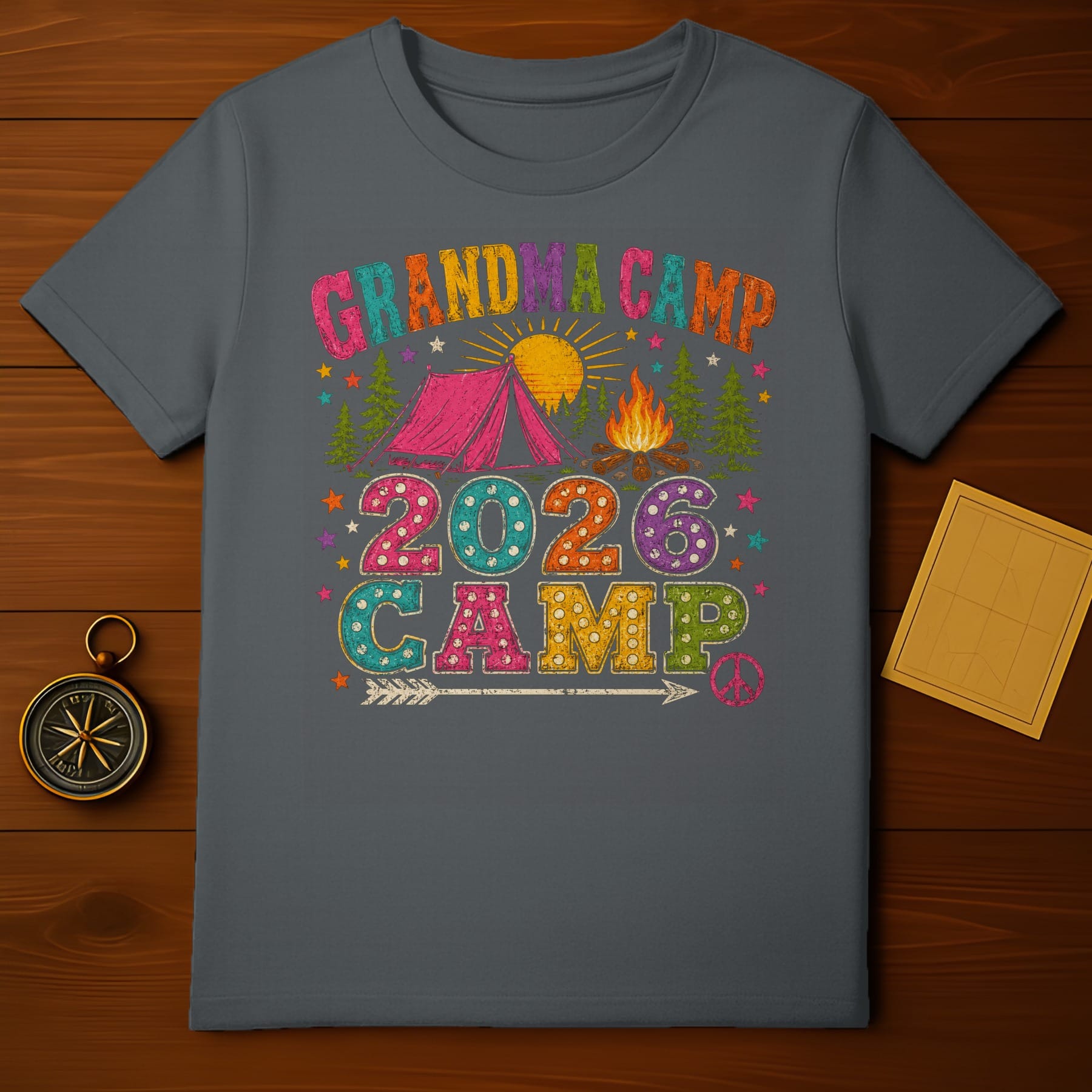 Grandma Camp 2026 graphic with tent, sun, campfire, and peace symbol.