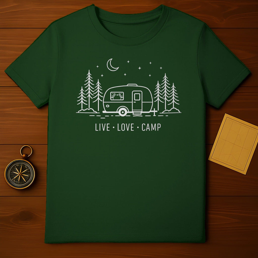 Dark Green LIVE LOVE CAMP Camper Pine Trees Stars product type
Camping, Outdoors, Nature, Adventure, Camper Van, RV Life, Pine Trees, Stars Moon, Live Love Camp, Graphic Tee, Dark Green, T-shirt, Apparel, Clothing, Forest Theme, Wilderness, Travel, Road Trip, Camp Life, Outdoor Enthusiast