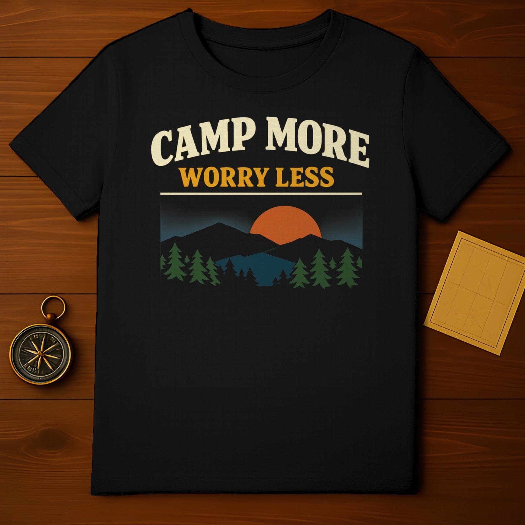 CAMP MORE WORRY LESS Adventure Camping Mountains Sun T-shirt
