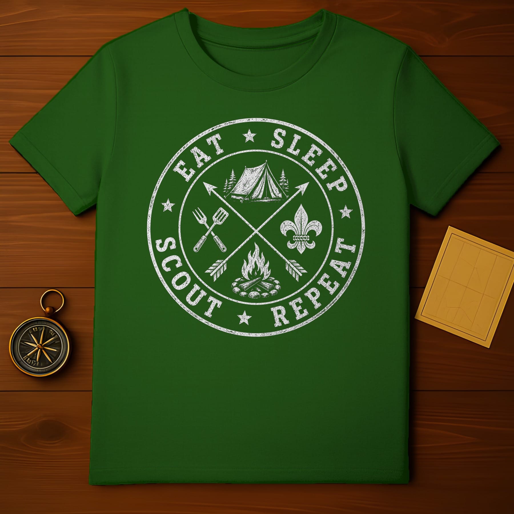 Green t-shirt with "Eat Sleep Scout Repeat" text and camping graphics.