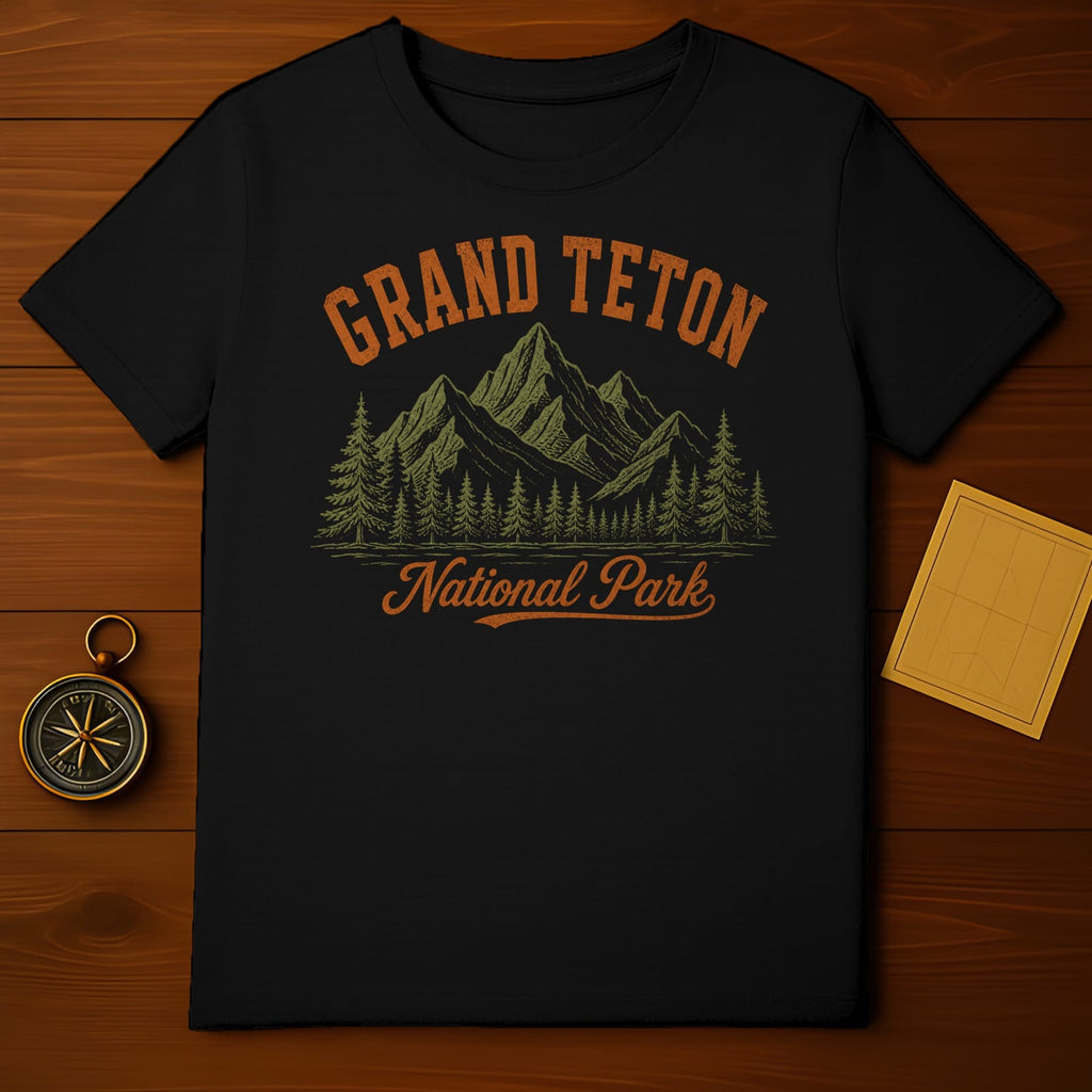 Black t-shirt with Grand Teton National Park graphic.